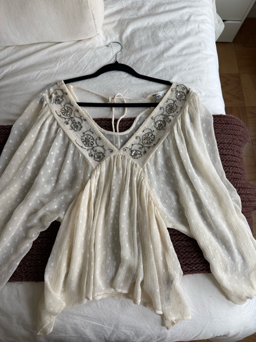 Zara Ivory Embellished V-Neck boho Blouse